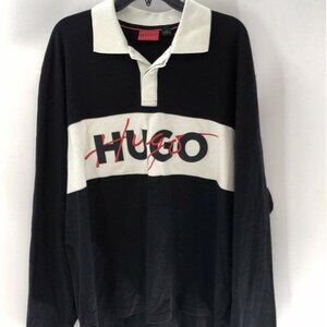Hugo Men's Black White Logo Long Sleeve Rugby Shirt  Size XL